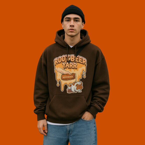 Afferdin “Root Beer Yarr” Graphic Hoodie Brown Oversized Sweatshirt (Unisex L) - Picture 2 of 9